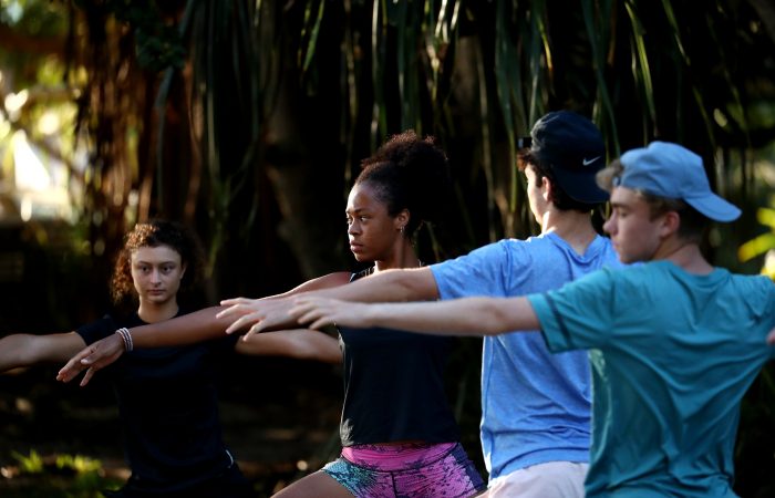 National Tennis Academy athletes Tahlia Kokkinis, Lily Taylor, Jake Dembo and Hayden Jones during a yoga session in Noosa. Picture: Tennis Australia National Tennis Academy athletes Tahlia Kokkinis, Lily Taylor, Jake Dembo and Hayden Jones during a yoga session in Noosa. Picture: Tennis Australia