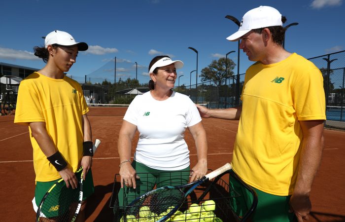 Alison Scott with Australian PWII players Simon Ma and Archie Graham. Picture: Tennis Australia Alison Scott with Australian PWII players Simon Ma and Archie Graham. Picture: Tennis Australia