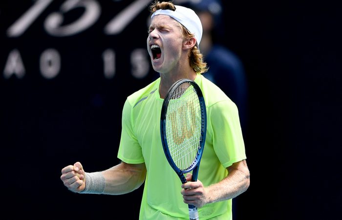 Dane Sweeny celebrates his first-round qualifying win at Australian Open 2024. Picture: Tennis Australia Dane Sweeny celebrates his first-round qualifying win at Australian Open 2024. Picture: Tennis Australia