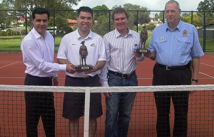 2012 Gallipoli Youth Cup (L-R) Tournament Founder Umit Oraloglu, Tennis Australia's Representative Francis Soyer, Ipswich Chair of Parks, Sport and Recreation Cr David Morrison and Ipswich Sub Branch RSL's representative Paul Ninnes; Tennis Australia