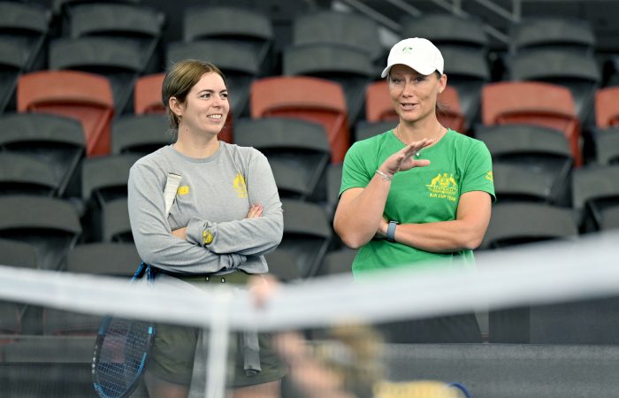 Codie George and Sam Stosur during a Billie Jean King Cup practice session at Pat Rafter Arena. Picture: Tennis Australia Codie George and Sam Stosur during a Billie Jean King Cup practice session at Pat Rafter Arena. Picture: Tennis Australia