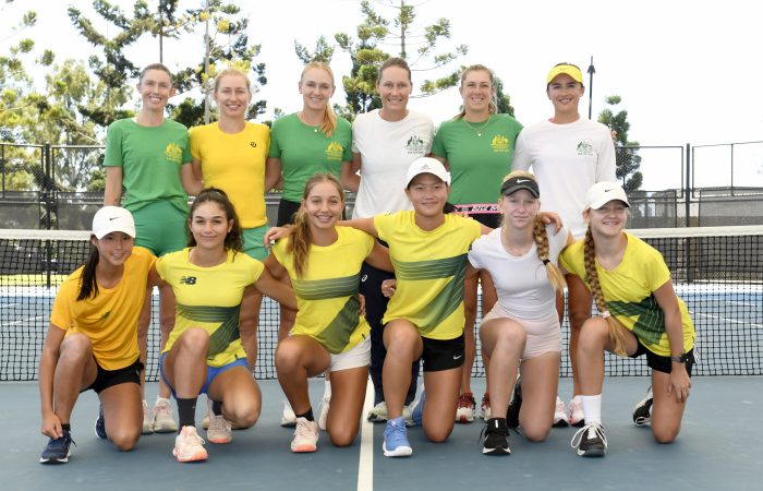 The Australian Billie Jean King Cup team with the nation's most promising junior girls in Brisbane. Picture: Tennis Australia The Australian Billie Jean King Cup team with the nation's most promising junior girls in Brisbane. Picture: Tennis Australia