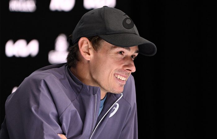 Alex de Minaur was all smiles in his press conference after securing his place in the AO 2025 quarterfinals. (Vince Caligiuri/Tennis Australia)