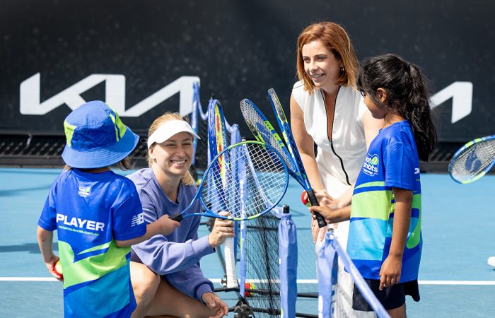 Anika-Wells-and-Daria-Saville Anika Wells and Daria Saville with young female tennis players.