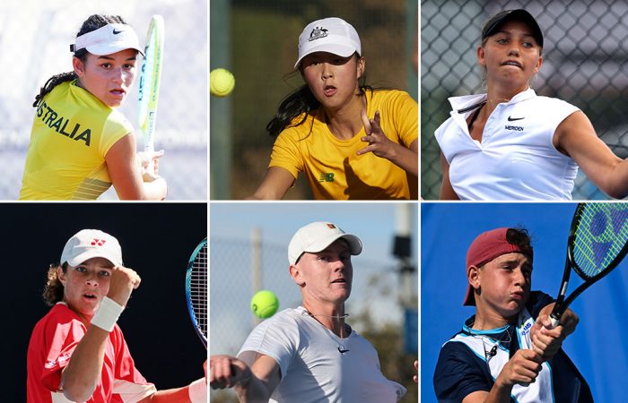 Australian Junior Billie Jean King Cup team members (L-R) Renee Alame, Koharu Nishikawa and Jizelle Sibai, and Australian Junior Davis Cup team members (L-R) Ymerali Ibraimi, Jeffrey Strydom and Nikolas Baker.