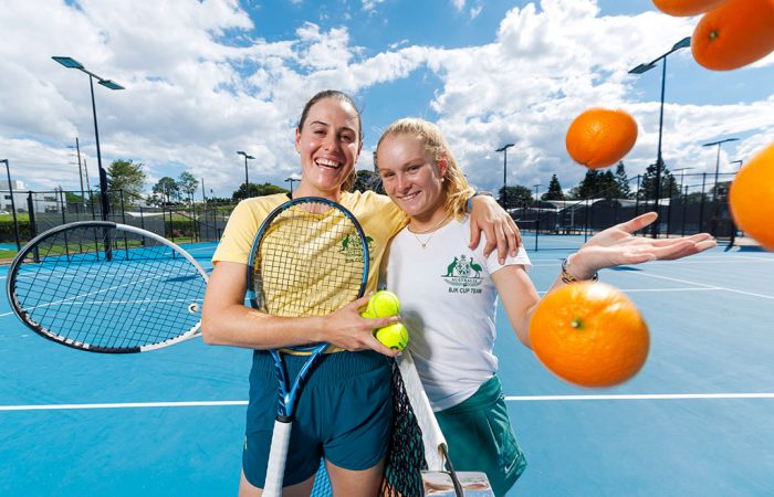 Kimberly Birrell (L) with team Orange Girl Emerson Jones ahead of the 2025 Billie Jean King Cup Qualifiers in Brisbane (photo: Josh Woning)