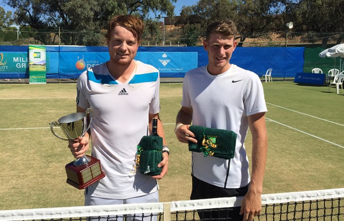 Matthew Barton (L) poses with his trophy after defeating Harry Bourchier (R) in the men's singles final of the Mildura Grand International Matthew Barton (L) poses with his trophy after defeating Harry Bourchier (R) in the men's singles final of the Mildura Grand International