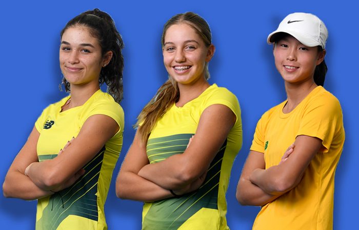 Billie Jean King Cup participants Renee Alame, Jizelle Sibai and Koharu Nishikawa. Pictures: Tennis Australia Billie Jean King Cup participants Renee Alame, Jizelle Sibai and Koharu Nishikawa. Pictures: Tennis Australia