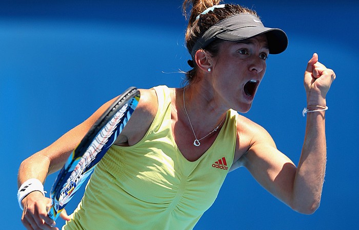 Bojana Bobusic of Australia celebrates winning a point in her first round match against Agnieszka Radwanska of Poland during day one of the 2013 Australian Open at Melbourne Park on January 14, 2013 in Melbourne, Australia; Getty Images