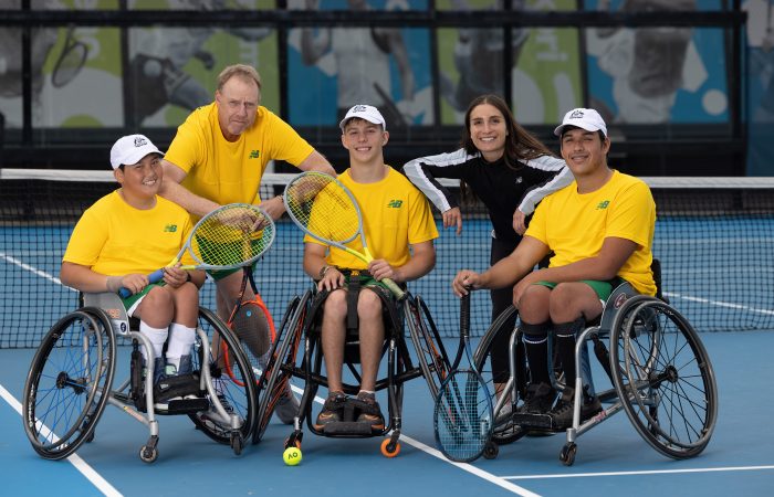 Danielle Gescheit, second from right, with some of Australia's best junior wheelchair players. Picture: Tennis Australia Danielle Gescheit, second from right, with some of Australia's best junior wheelchair players. Picture: Tennis Australia