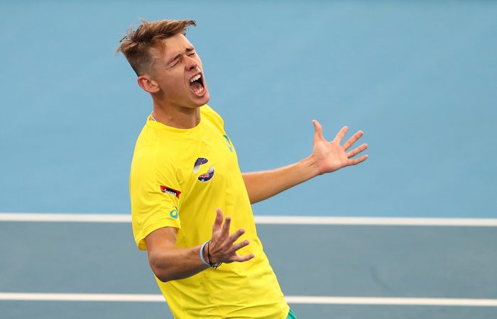 Alex de Minaur at the ATP Cup Australia's Alex de Minaur celebrates his victory over Canadian Denis Shapovalov at the ATP Cup in Brisbane. (Getty Images)