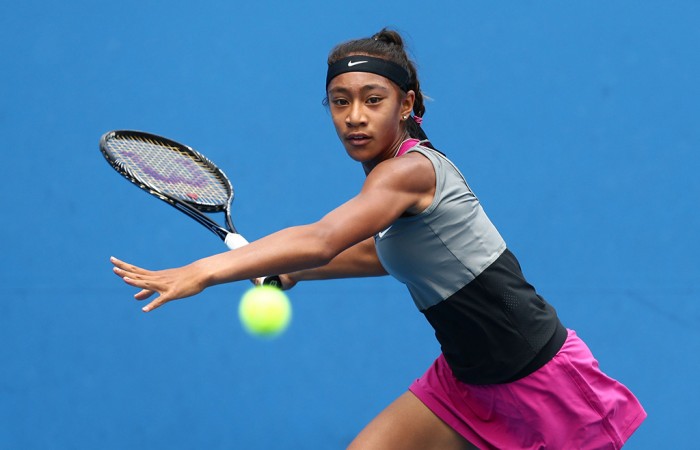 2014 Australian Open Junior Championships, Melbourne, Destanee Aiava MELBOURNE, AUSTRALIA - JANUARY 18: Destanee Aiava of Australia plays a forehand in her first round junior girls' match against Verena Hofer of Italy during the 2014 Australian Open Junior Championships at Melbourne Park on January 18, 2014 in Melbourne, Australia. (Photo by Matt King/Getty Images)