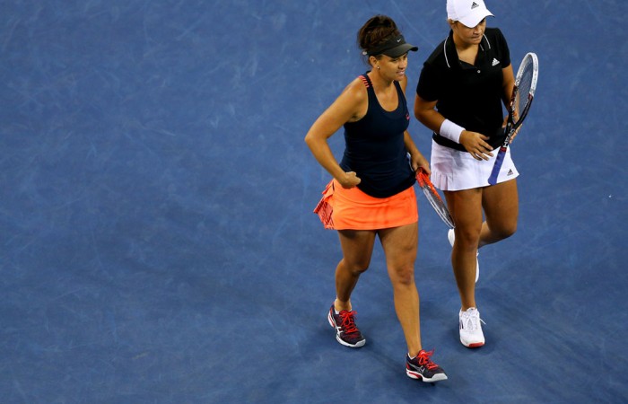 Ash Barty (R) and Casey Dellacqua of Australia in action during the women's doubles final against Czechs Andrea Hlavackova and Lucie Hradecka on Arthur Ashe Stadium on Day 13 of the 2013 US Open; Getty Images