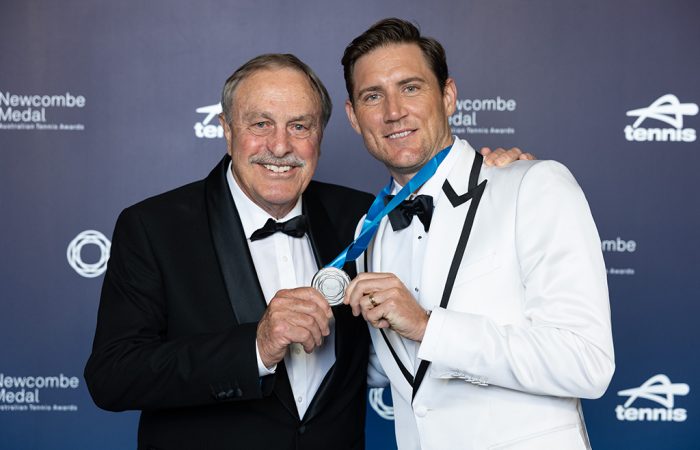 2024 NEWCOMBE MEDAL John Newcombe with Matt Ebden, who shared 2024 Newcombe Medal honours with Alex de Minaur. Photo: TENNIS AUSTRALIA/FIONA HAMILTON