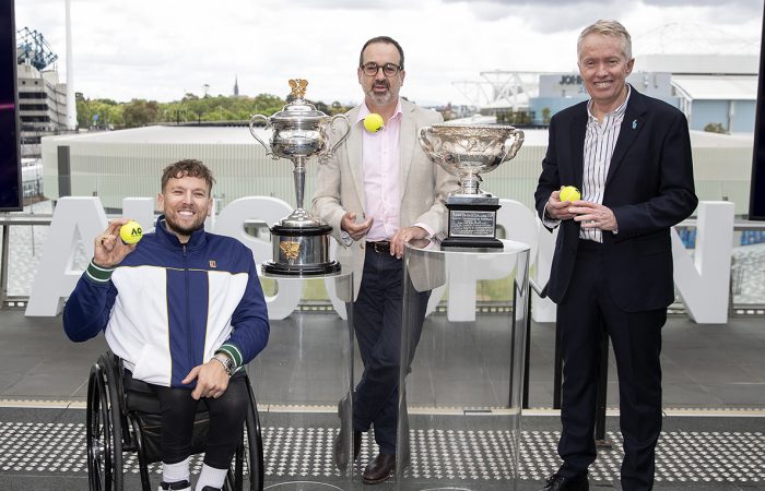 Grand Slam champion Dylan Alcott, The Hon Martin Pakula MP and Australian Open Tournament Director, Craig Tiley at the AO 2022 launch. Picture: Tennis Australia Grand Slam champion Dylan Alcott, The Hon Martin Pakula MP and Australian Open Tournament Director, Craig Tiley at the AO 2022 launch. Picture: Tennis Australia