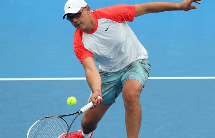 Andrew Florent Andrew Florent in action at the Australian Open 2014 legends event; Getty Images