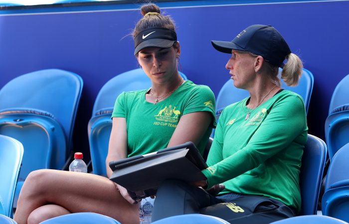 COACH: Nicole Pratt talks tactics with Ajla Tomljanovic at a Billie Jean King Cup tie. Picture: Getty Images COACH: Nicole Pratt talks tactics with Ajla Tomljanovic at a Billie Jean King Cup tie. Picture: Getty Images