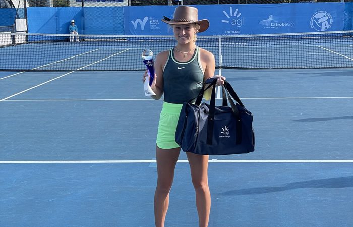 Emerson Jones celebrates her victory at the Traralgon Junior International Emerson Jones celebrates her victory at the Traralgon Junior International