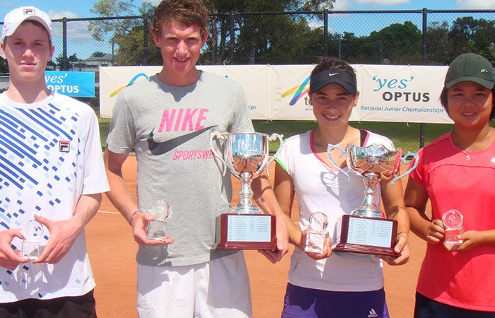 (L-R) Jake Delaney, Harry Bourchier, Isabelle Wallace and Olivia Tjandramulia show off their trophies from the 2012 Optus 16s National Claycourt Championships; Tennis Australia (L-R) Jake Delaney, Harry Bourchier, Isabelle Wallace and Olivia Tjandramulia show off their trophies from the 2012 Optus 16s National Claycourt Championships; Tennis Australia