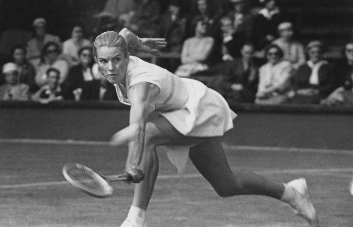 Jenny Staley Hoad Australian tennis player Jenny Staley Hoad in play against Dorothy Knode on the second day of the Wimbledon Championships, London, 25th June 1957. (Photo by Reg Burkett/Keystone/Hulton Archive/Getty Images)