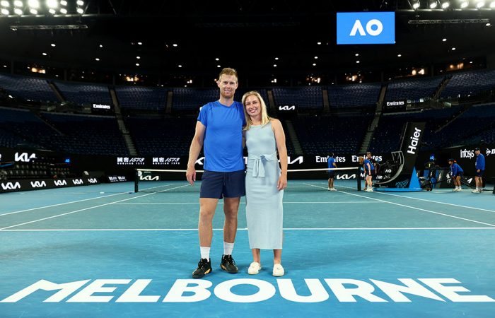 Luke Saville, pictured with fellow pro tennis player and wife Daria Saville, at Rod Laver Arena after his last professional match at Australian Open 2025. 