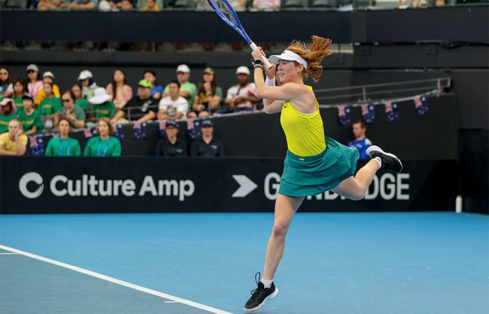 April 10: Maya Joint (AUS)  during the 2025 Billie Jean King Cup Qualifiers at Pat Rafter Arena in Brisbane, Queensland on Thursday, April 10, 2025. Photo by DYLAN PARKER