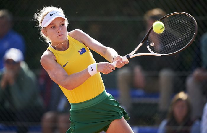 Australian Emerson Jones in action at the 2023 Junior Billie Jean King Cup Finals. Picture: ITF Australian Emerson Jones in action at the 2023 Junior Billie Jean King Cup Finals. Picture: ITF