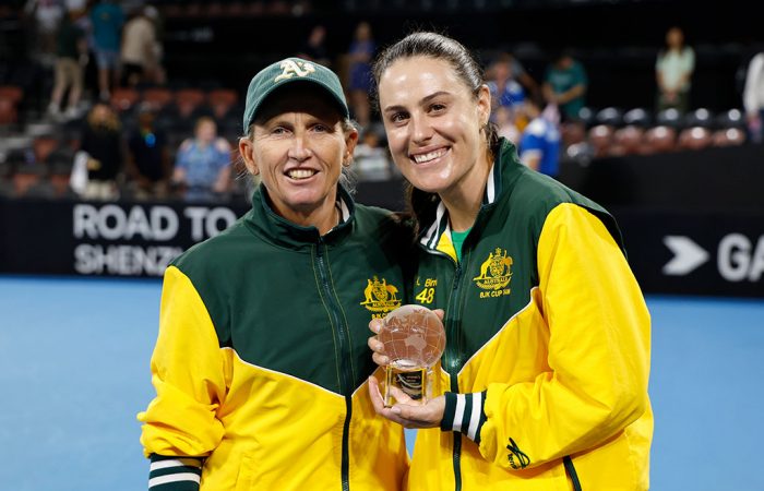 Nicole Pratt (L) and Kimberly Birrell during the 2025 Billie Jean King Cup Qualifiers at Pat Rafter Arena in Brisbane (Photo: Josh Woning)