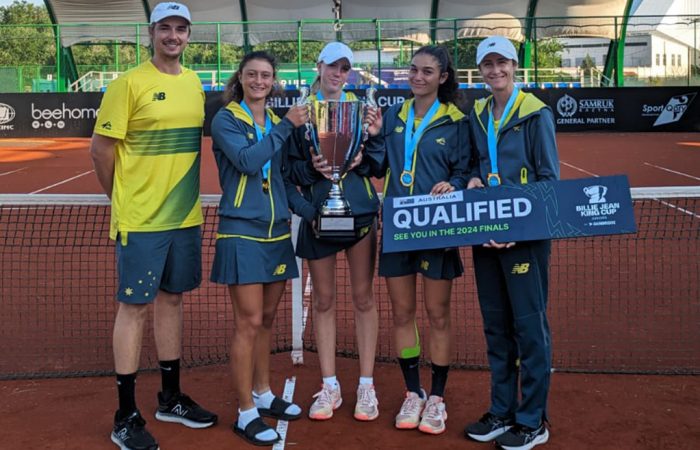 The Australian team celebrate winning the Junior Billie Jean King Cup 2024 Asia-Oceania qualifying event. The Australian team celebrate winning the Junior Billie Jean King Cup 2024 Asia-Oceania qualifying event.