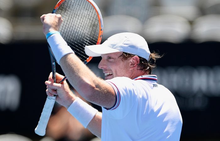 Matthew Barton of Australia celebrates victory in the Apia International Sydney first round Matthew Barton of Australia celebrates victory in the Apia International Sydney first round