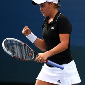 Ash Barty celebrates a winning point during her first round victory over Spain's Estrella Cabeza Candela at the US Open; Getty Images