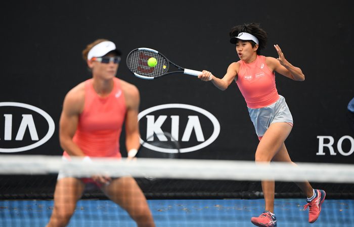 Sam Stosur and Zhang Shuai at the Australian Open Sam Stosur (L) and Zhang Shuai in action during the women's doubles event at Australian Open 2019 (Getty Images)