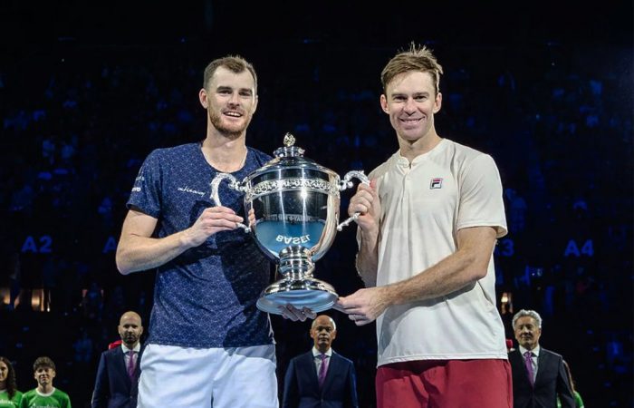 swissindoor_PeersMurray Jamie Murray and John Peers with the trophy after winning the 2024 ATP 500 Basel title. Photo: Swiss Indoors Basel