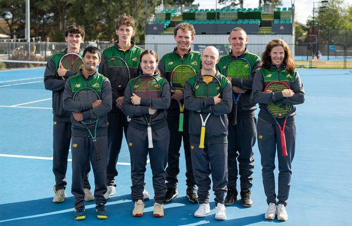 (L-R) Hayden Ballard, Hunter Thompson, Archie Graham, Damian Phillips, Kelly Wren, Aman Ramadani, Andriana Petrakis, Timothy Gould at the Australian IDA final training camp at Tennis World Canberra, before the Virtus World Tennis Championships in Kazakhstan, shot on Thursday, April 24, 2025. (TENNIS AUSTRALIA/ MARTIN OLLMAN)